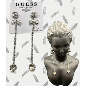 Guess Silver Bow Logo Crystal Heart Linear Pave Detail Chain Stud Drop Earrings